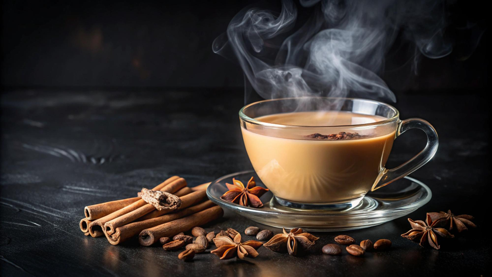 "Steaming hot masala chai in a glass cup with cinnamon sticks and star anise at Karma Indian Bistro, Vancouver"